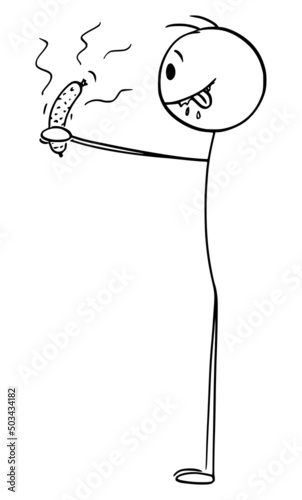 Hungry Person Looking at Sausage in Hand and Salivating, Vector Cartoon Stick Figure Illustration