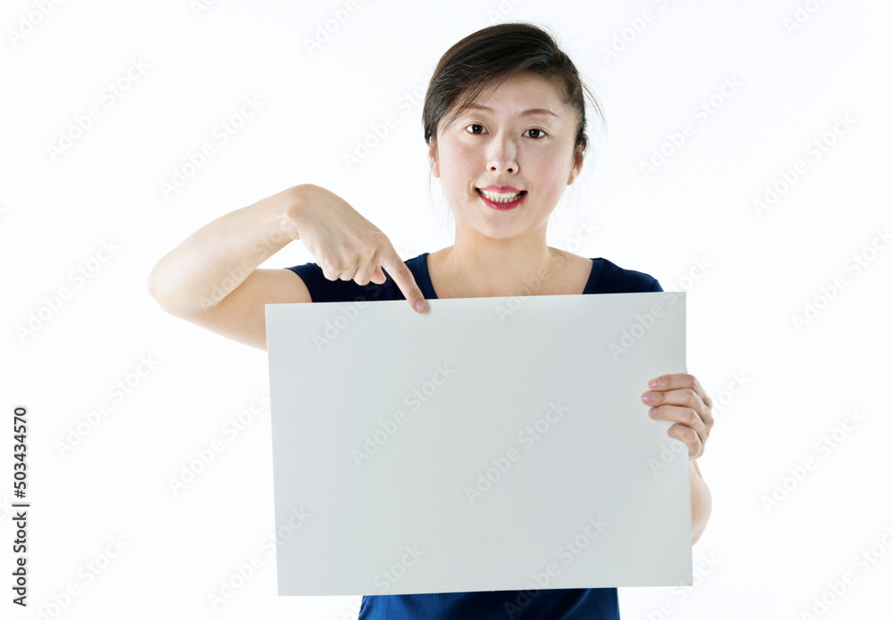 Young asian woman showing blank board isolated on white background Young asian woman showing blank board isolated on white background