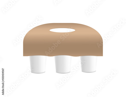 Beige, brown holder for three cups of coffee, vector flat illustration on a white background