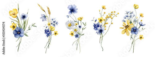 Collection of five bouquets with summer wildflowers and spikelets. Festive illustration with wild flowers for printing or your design. Support and peace for Ukraine.
