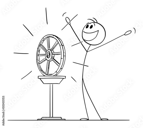 Person Celebrating that Invented Wooden Wheel, Vector Cartoon Stick Figure Illustration