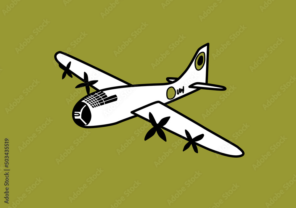 Old war plane flying. Aircraft from Second World War, middle of century. Cartoon style vector illustration.