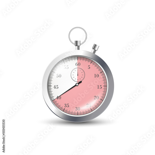 Metal stopwatch, vector flat illustration isolated. On clock 40 minutes, seconds from start to finish.