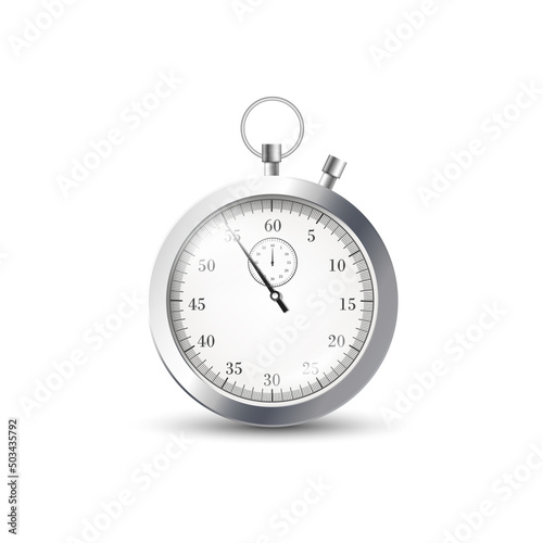 Metal stopwatch, vector flat illustration isolated. On clock 55 minutes, seconds from start to finish.