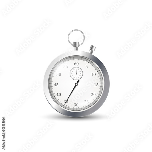 Metal stopwatch, vector flat illustration isolated. On clock 35 minutes, seconds from start to finish.