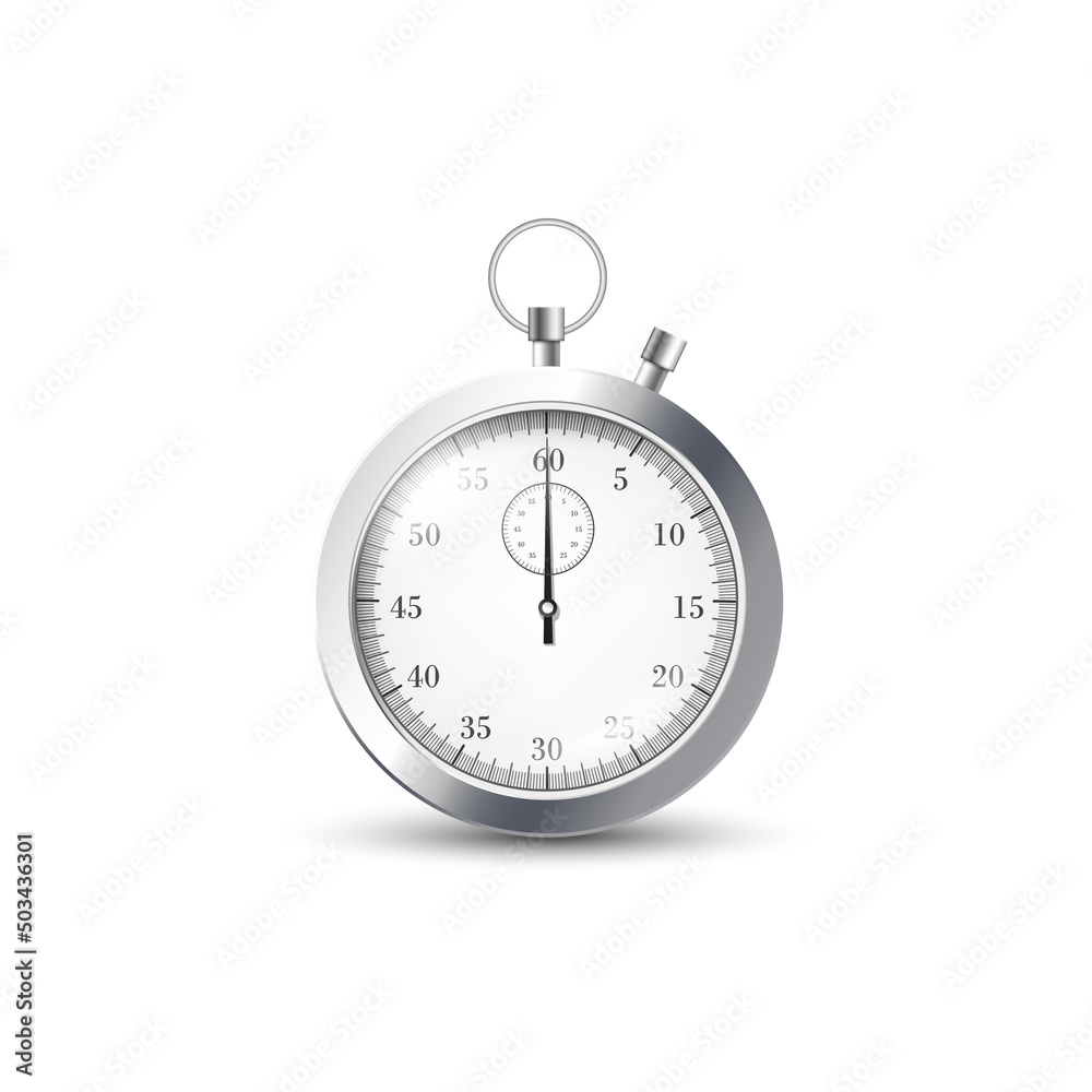 Metal stopwatch, vector flat illustration isolated. On clock - minutes, seconds from start to finish. Metal stopwatch, vector flat illustration isolated. On clock - minutes, seconds from start to finish.