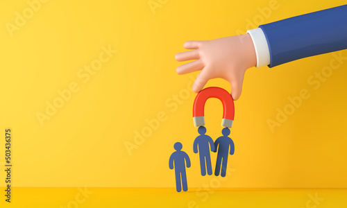 Hand holding a magnet attracting new customers or recruiting new staff members. 3D Rendering