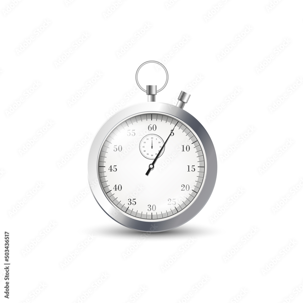 Realistic metal glossy stopwatch with arrow pointing to five seconds Realistic metal glossy stopwatch with arrow pointing to five seconds