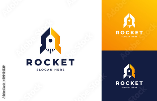 Rocket launch blast tech vector logo design, Creative letter R fly spacecraft takeoff logo design