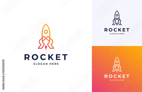 Fotografia, Obraz Rocket launch blast tech vector logo design, Creative letter R fly spacecraft ta