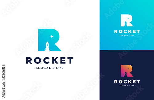 Rocket launch blast tech vector logo design, Creative letter R fly spacecraft takeoff logo design