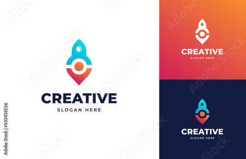 Rocket launch blast tech with combination creative tech map pin point direction find digital vector logo design