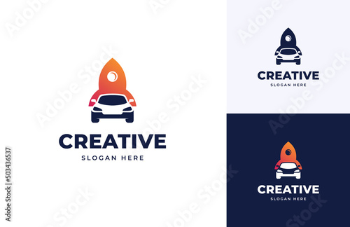 Rocket launch blast tech with creative car automotive negative space road vector logo design