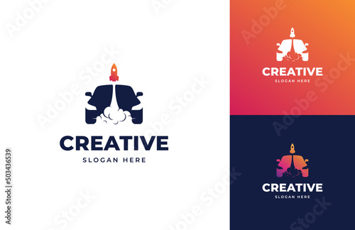 Rocket launch blast tech with creative car automotive negative space transportation vector logo design