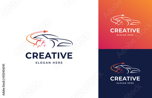 Rocket launch blast tech with creative silhouette sport car automotive transportation vector logo design