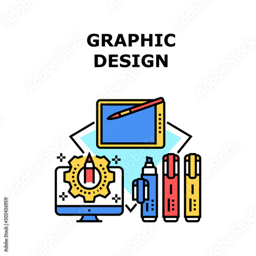 Graphic Design Vector Icon Concept. Graphic Design Developing Designer On Computer And Tablet Digital Device, Drawing Creative Idea With Multicolor Felt Pen Stationery Accessory Color Illustration