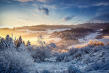 Beautiful mountain snowy landscape. Sunset landscape.