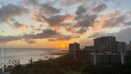 Sunset over the Waikiki beach, Oahu Island, Hawaii year 2022 May © KAYO SUGIUCHI