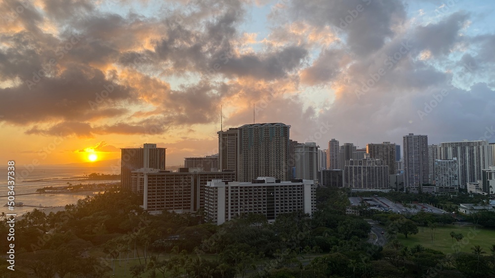 Sunset over the Waikiki beach, Oahu Island, Hawaii year 2022 May Sunset over the Waikiki beach, Oahu Island, Hawaii year 2022 May