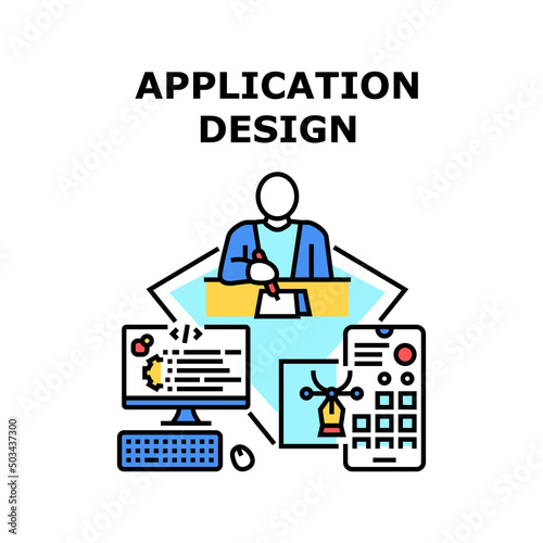 Application Design Vector Icon Concept. Application Design Planning And Developing Designer At Workplace, Painting Mockup On Paper List And Develop On Computer. App Designing Color Illustration