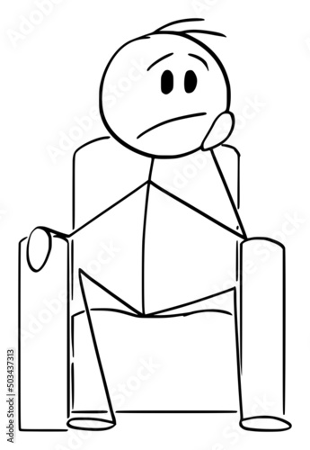 Frustrated or Sad Person Sitting in Chair and Thinking, Vector Cartoon Stick Figure Illustration