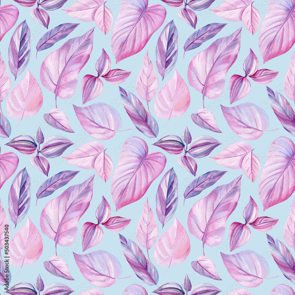 Fototapeta premium Watercolor pink tropical leaves. design for wallpaper, wrapping paper, background, fabric. seamless pattern
