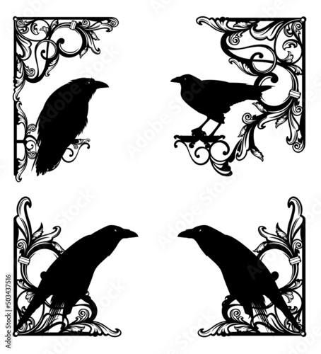 Photographie antique style calligraphic ornament forming copy space frame with raven birds -