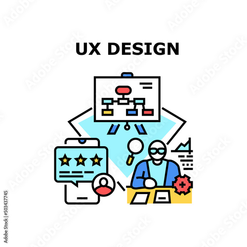 Ux Design Process Vector Icon Concept. Designer Planning Strategy On Board, Researching Documentation And Developing Ux Design. User Review In Smartphone Application Color Illustration