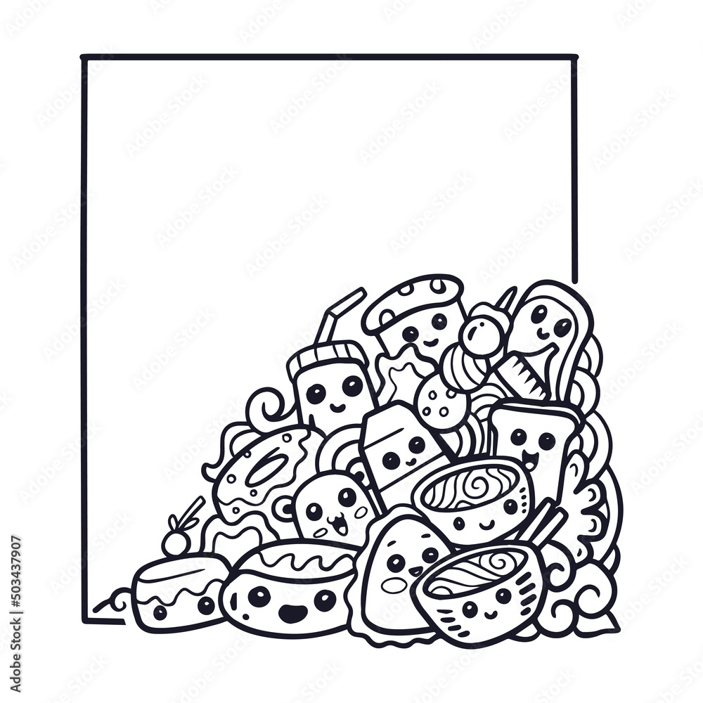 Fototapeta premium Cute japanese food doodle monster having fun isolated on white background