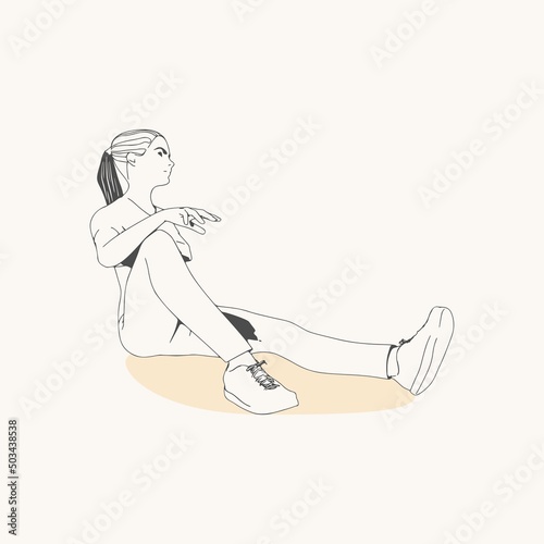 Sitting woman. Sport girl illustration. Casual sportwear - t-shirt, breeches and sneakers. Young woman wearing workout clothes. Sport fashion girl outline in urban casual style.