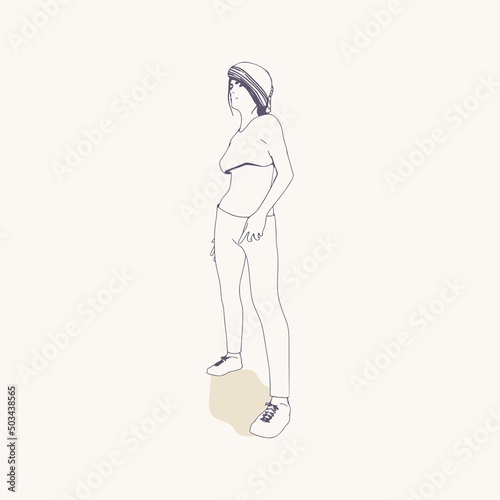 Standing woman. Sport girl illustration. Casual sportwear - t-shirt, breeches and sneakers. Young woman wearing workout clothes. Sport fashion girl outline in urban casual style.