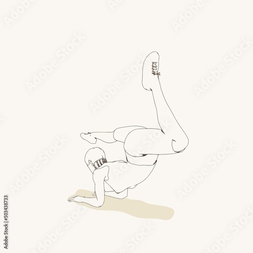 Young female workout. Sport girl doing stretching exercise. Casual sportwear - t-shirt, breeches and sneakers. Young woman wearing workout clothes. Sport fashion girl outline in urban casual style.