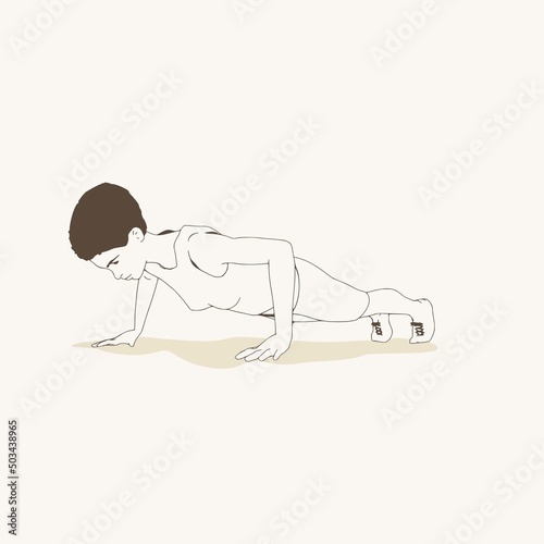 Young female workout. Sport girl doing push up exercise. Casual sportwear - t-shirt, breeches and sneakers. Young woman wearing workout clothes. Sport fashion girl outline in urban casual style.