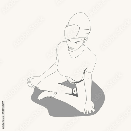 Young girl sitting in yoga lotus pose. Happy relaxed female character performing meditation exercise. Sport fashion girl outline in urban casual style.