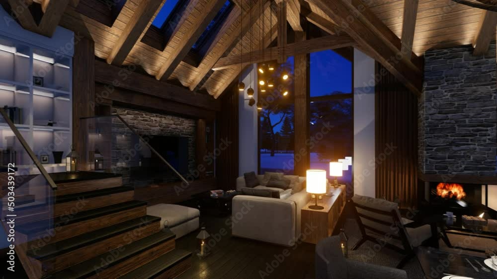 4K video rendering of cozy living room on cold winter night in the mountains, evening interior of chalet decorated with candles, fireplace fills the room with warmth. It's snowing outside the window