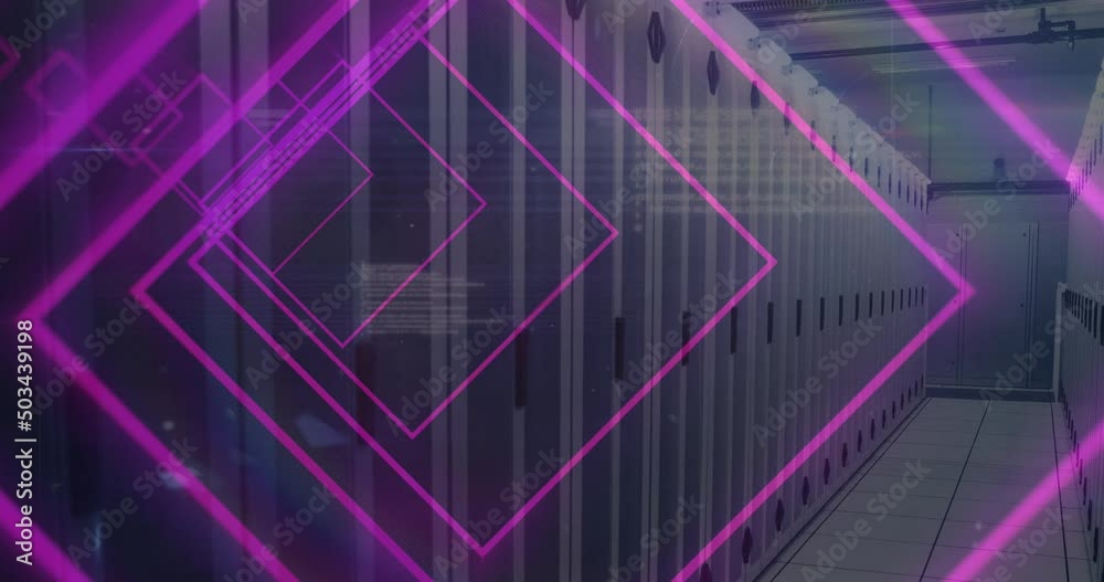 Animation of tunnel with neon shapes over data processing and server room Animation of tunnel with neon shapes over data processing and server room