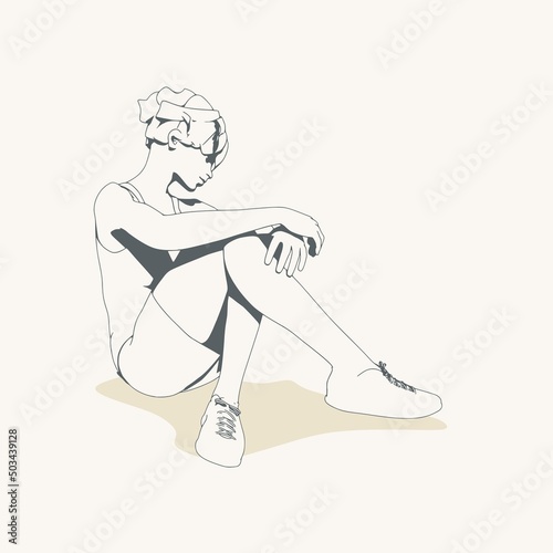 Beautiful woman resting after exercise. Sport girl illustration. Young woman wearing workout clothes. Sport fashion girl outline in urban casual style.