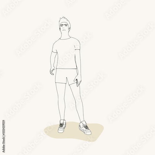 Standing man. Sport boy illustration. Casual sportwear - t-shirt, breeches and sneakers. Young man wearing workout clothes. Sport fashion boy outline in urban casual style.