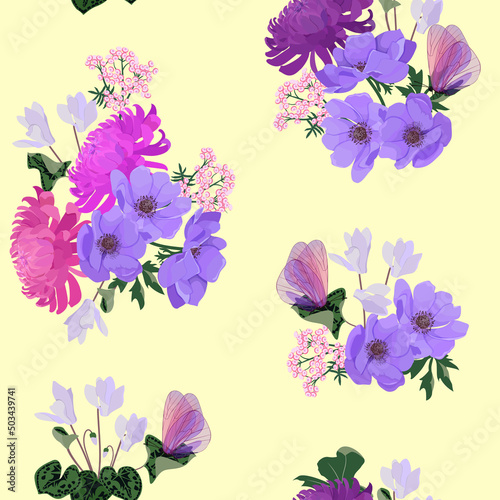 Vector pattern with anemone, chrysanthemum and butterflies on a yellow background.