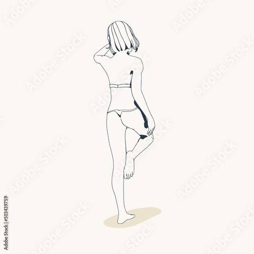 Illustration of a beautiful fashion model posing in a stylish swimsuit. Young attractive woman in bikini. Sketch style outline