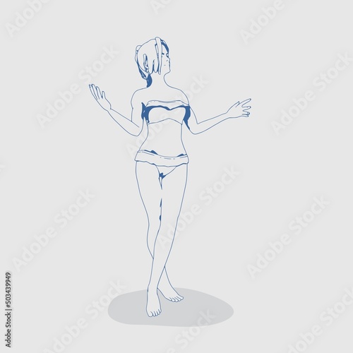 Illustration of a beautiful fashion model posing in a stylish swimsuit. Young attractive woman in bikini. Sketch style outline.