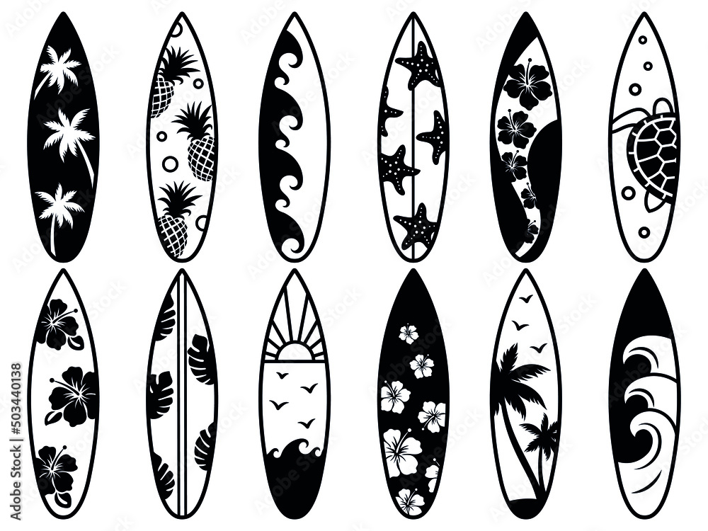 Set of hawaiian surfboard. Collection of flower blackboard for surfing. Activity lifestyle. Extreme water leisure. Vector Illustration of summer sport. - obrazy, fototapety, plakaty 