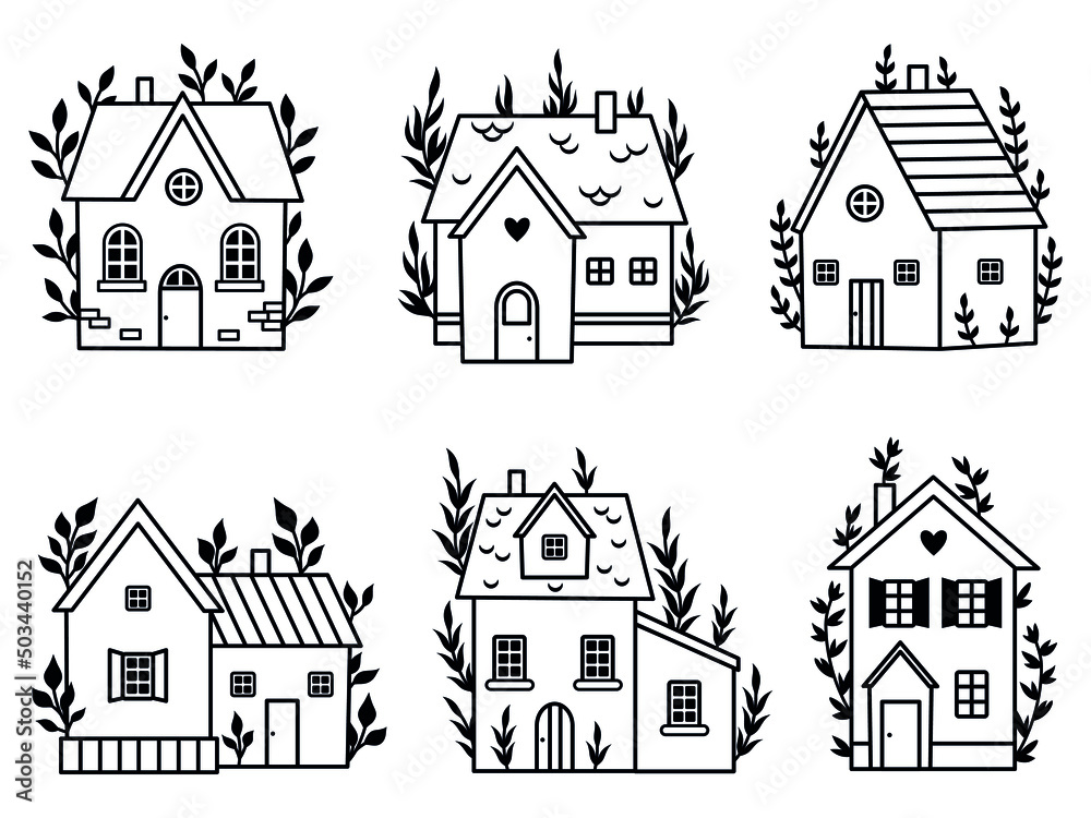 Set of different little house. Collection of scandinavian houses with tree, laurel branch. Logo for realtors. Vector illustration of tini house on a white background.