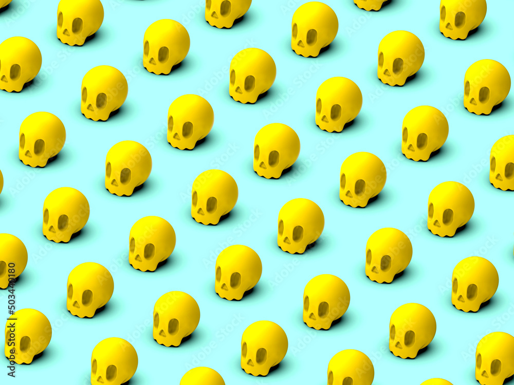 Yellow Cute Skull pattern on pastel blue background. Summer minimalism. Isometric flat lay. 