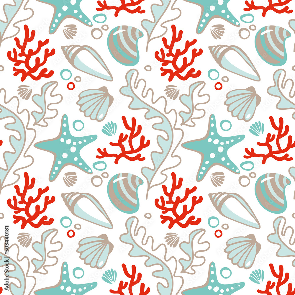 Sea shellsand corals. Ocean life. Seamless pattern. Summer print. Vector illustration.