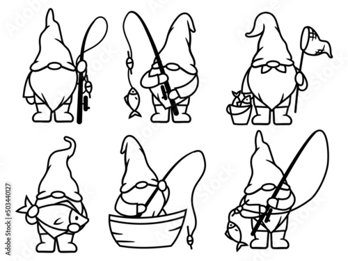 Set of fishing gnomes. Collection of little garden gnomes with a fishing rod in their hands. Icons for fishing clubs. Sport hobby vector illustration isolated on white background.