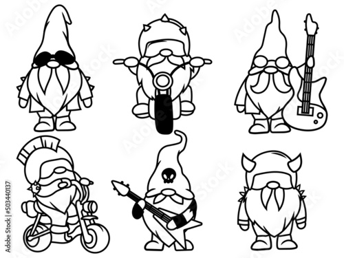 Set of biker gnomes. Collection of rockstar garden gnome with bike, guitar, helmet. Dangers hobby. Vector illustration on a white background.  Drawing for children.