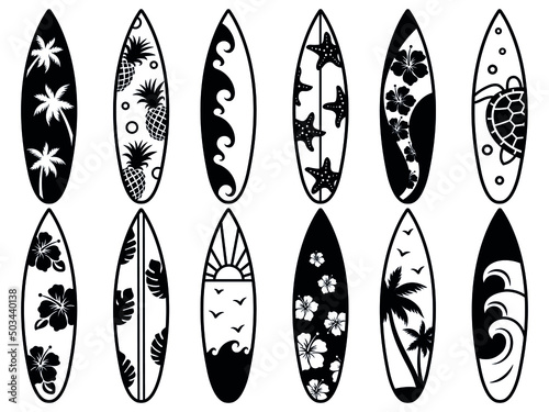 Set of hawaiian surfboard. Collection of flower blackboard for surfing. Activity lifestyle. Extreme water leisure. Vector Illustration of summer sport.