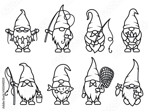 Set of fishing gnomes. Collection of little garden gnomes with a fishing rod in their hands. Icons for fishing clubs. Sport hobby vector illustration isolated on white background.