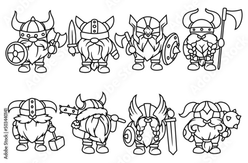 Set of vikings gnome. Collection of little garden gnomes. Scandinavian dwarf. Magic warrior character. Vector illustration on white background. 